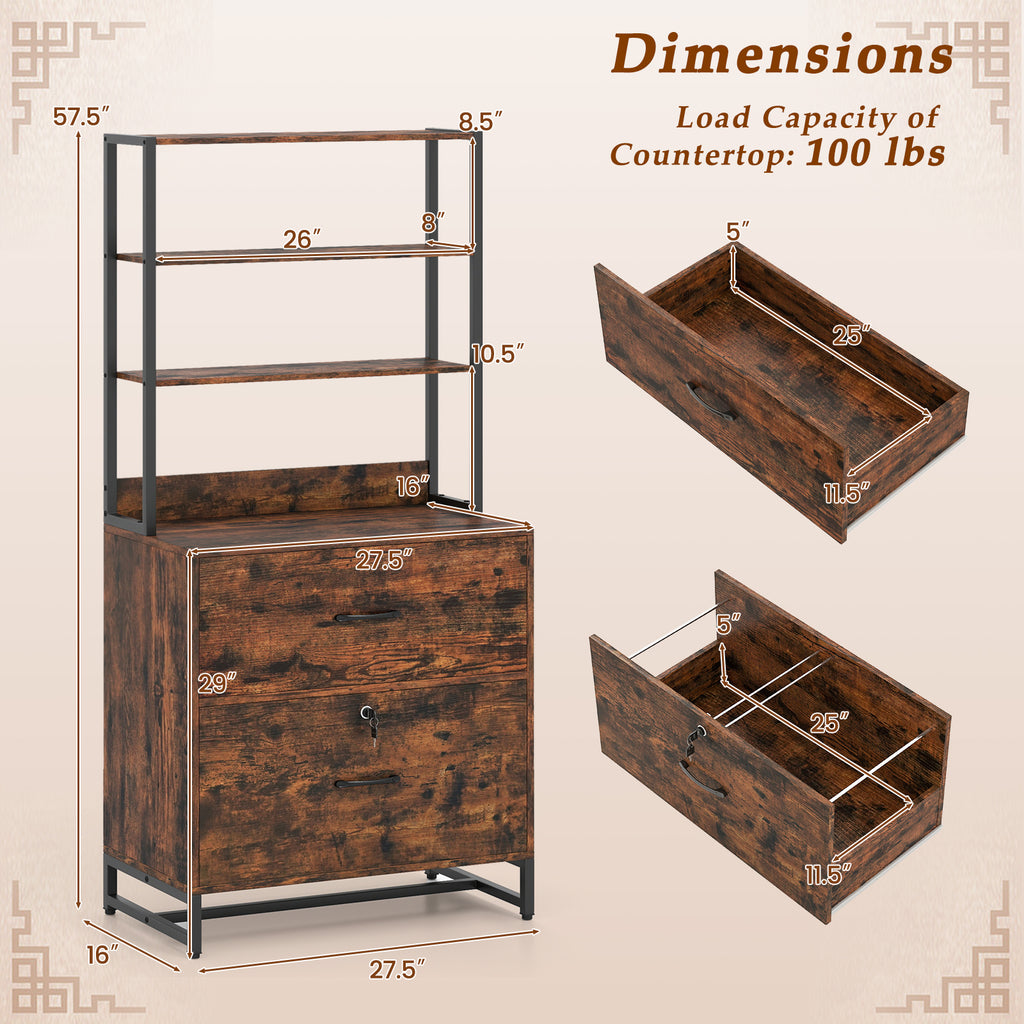 Letter Size Lateral File Cabinet with Lock and Bookshelf-Rustic Brown