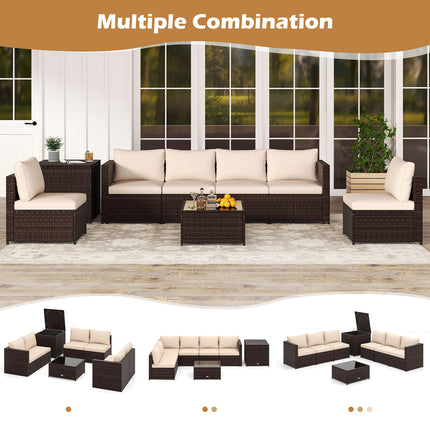 8 Piece Patio Furniture Set with Storage Box and Tempered Glass Coffee Table-Beige