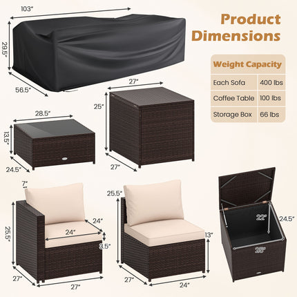 8 Piece Patio Furniture Set with Storage Box and Tempered Glass Coffee Table-Beige