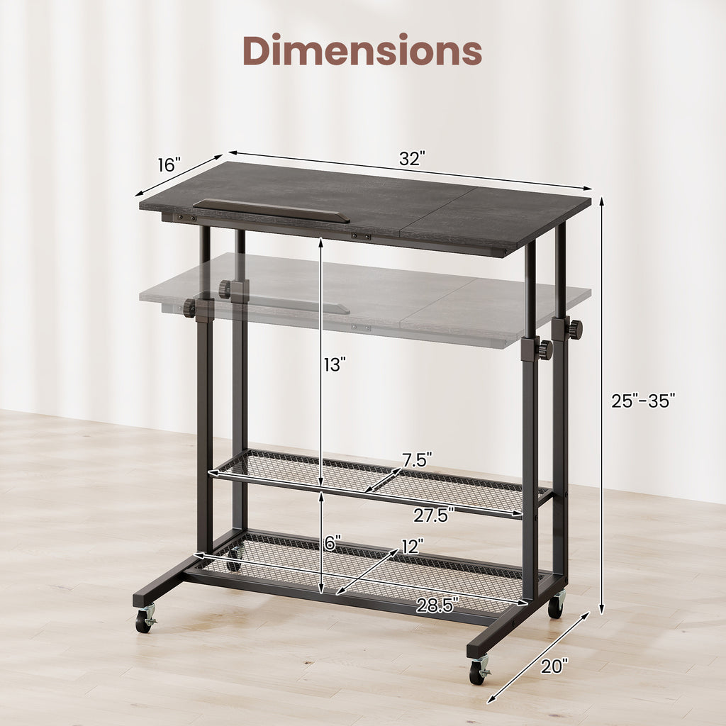 Mobile Stand up Desk Height Adjustable Standing Table with Tilting Tabletop-Oak