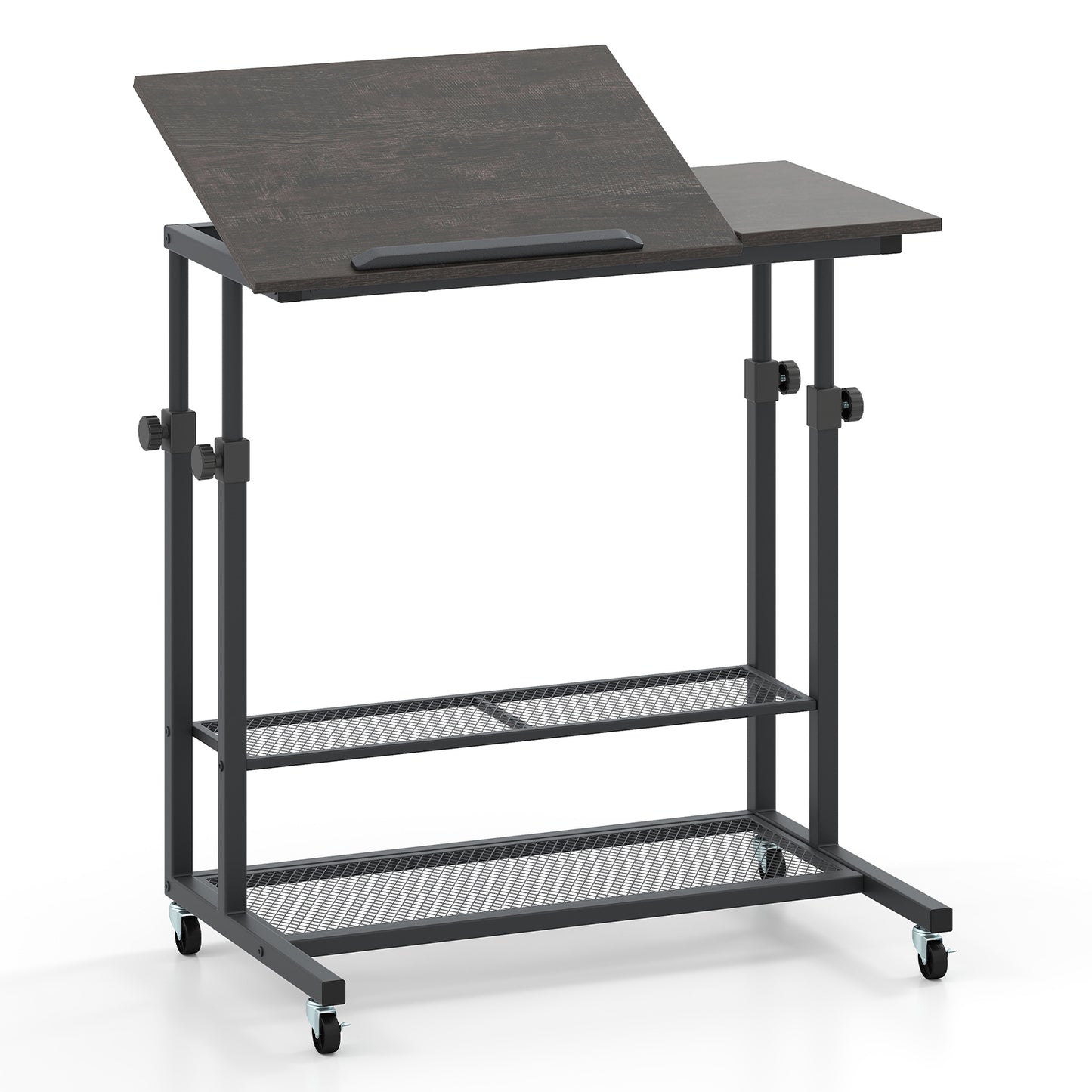 Mobile Stand up Desk Height Adjustable Standing Table with Tilting Tabletop-Oak