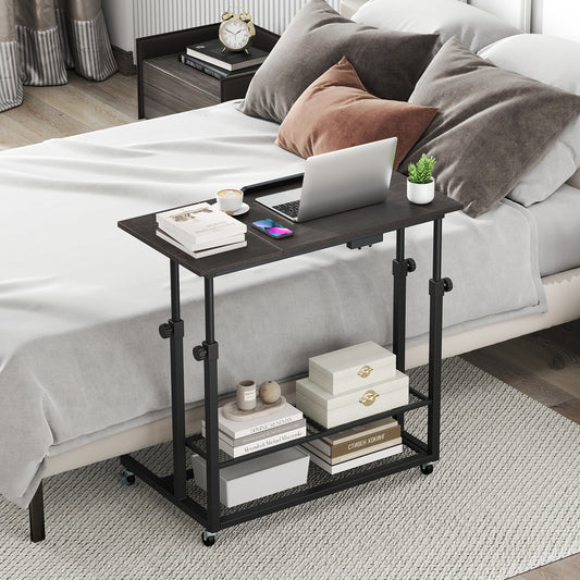 Mobile Stand up Desk Height Adjustable Standing Table with Tilting Tabletop-Oak