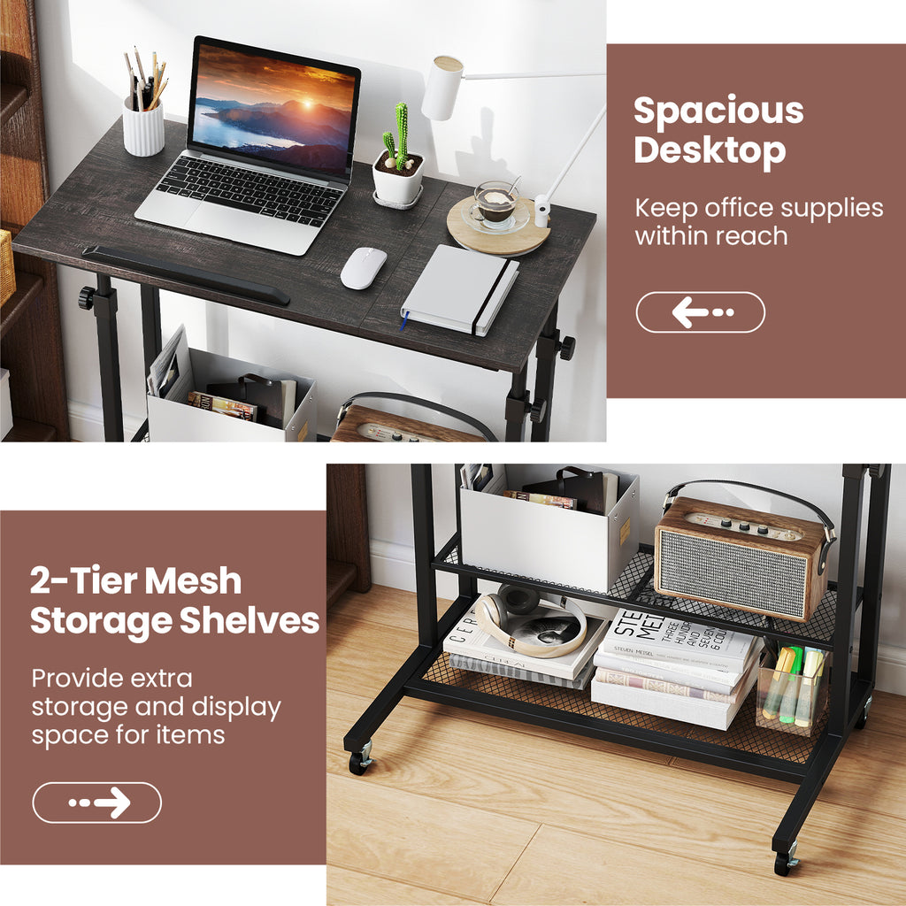 Mobile Stand up Desk Height Adjustable Standing Table with Tilting Tabletop-Oak