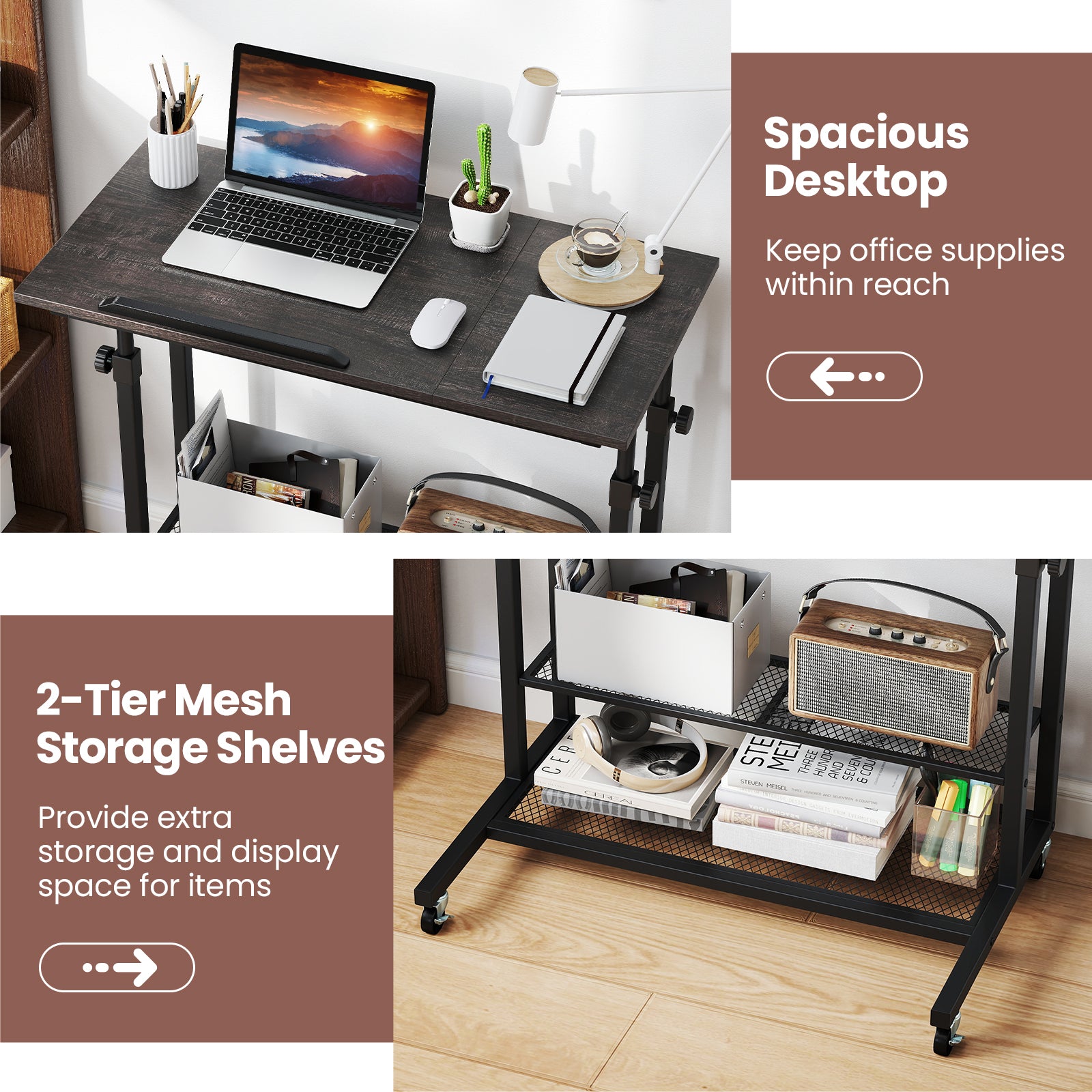 Mobile Stand up Desk Height Adjustable Standing Table with Tilting Tabletop-Oak