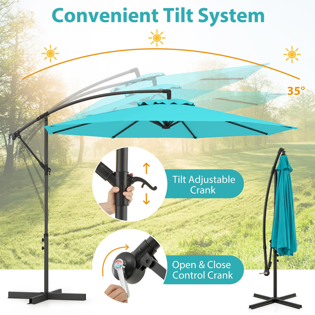 10 Feet Offset Umbrella with 8 Ribs Cantilever and Cross Base-Turquoise