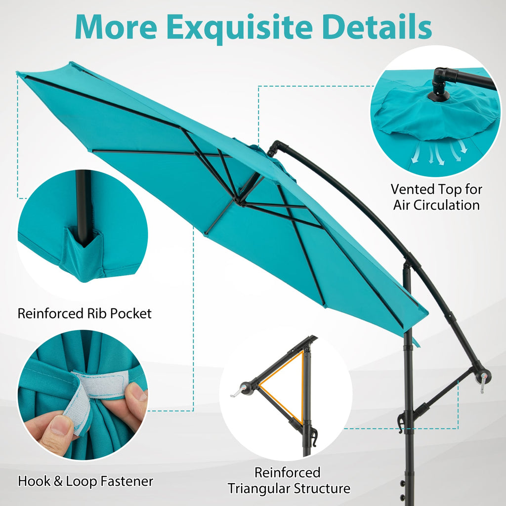 10 Feet Offset Umbrella with 8 Ribs Cantilever and Cross Base-Turquoise