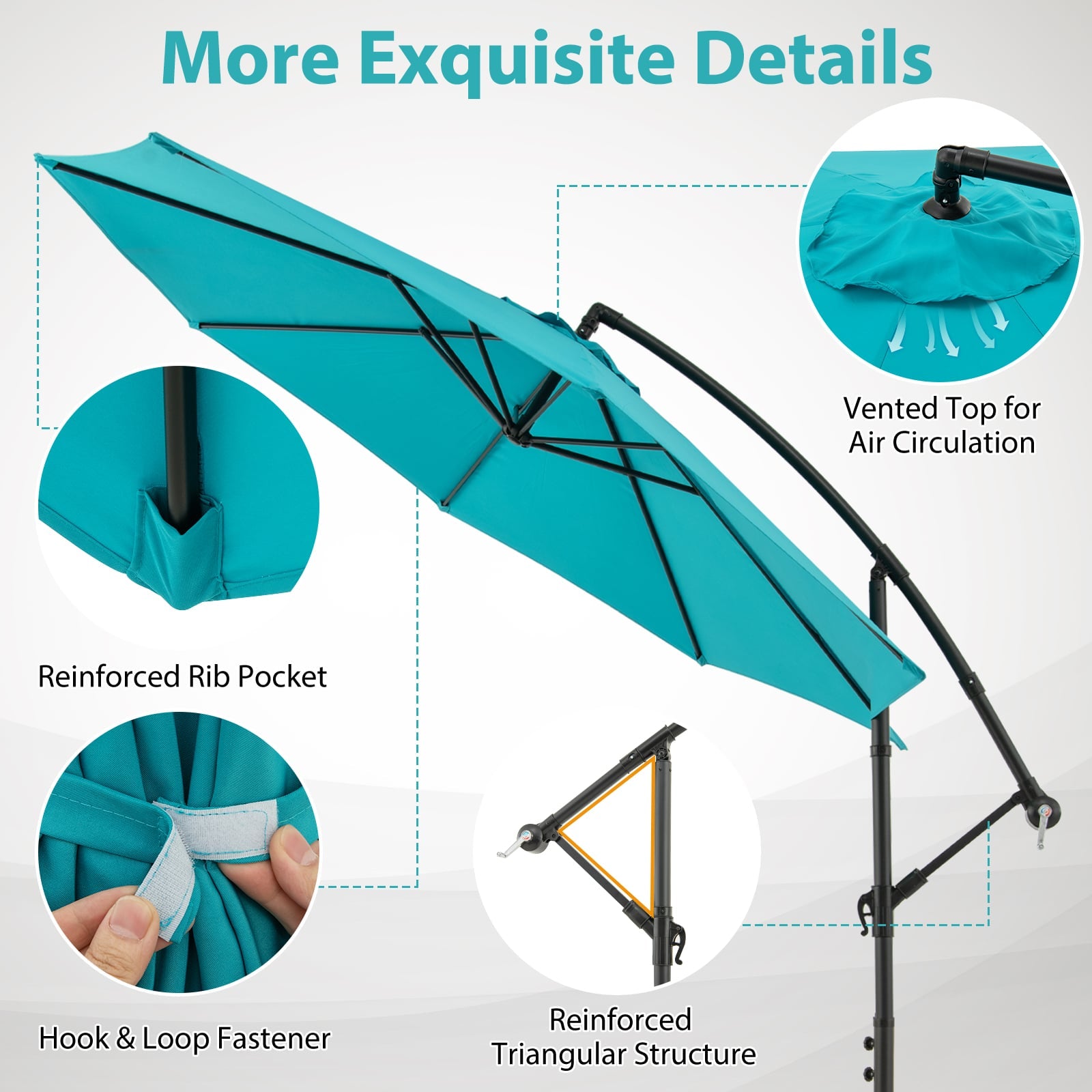 10 Feet Offset Umbrella with 8 Ribs Cantilever and Cross Base-Turquoise