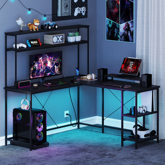 L-Shaped Reversible Gaming Desk with LED Strip and Power Outlets Hutch Monitor Stand-Black