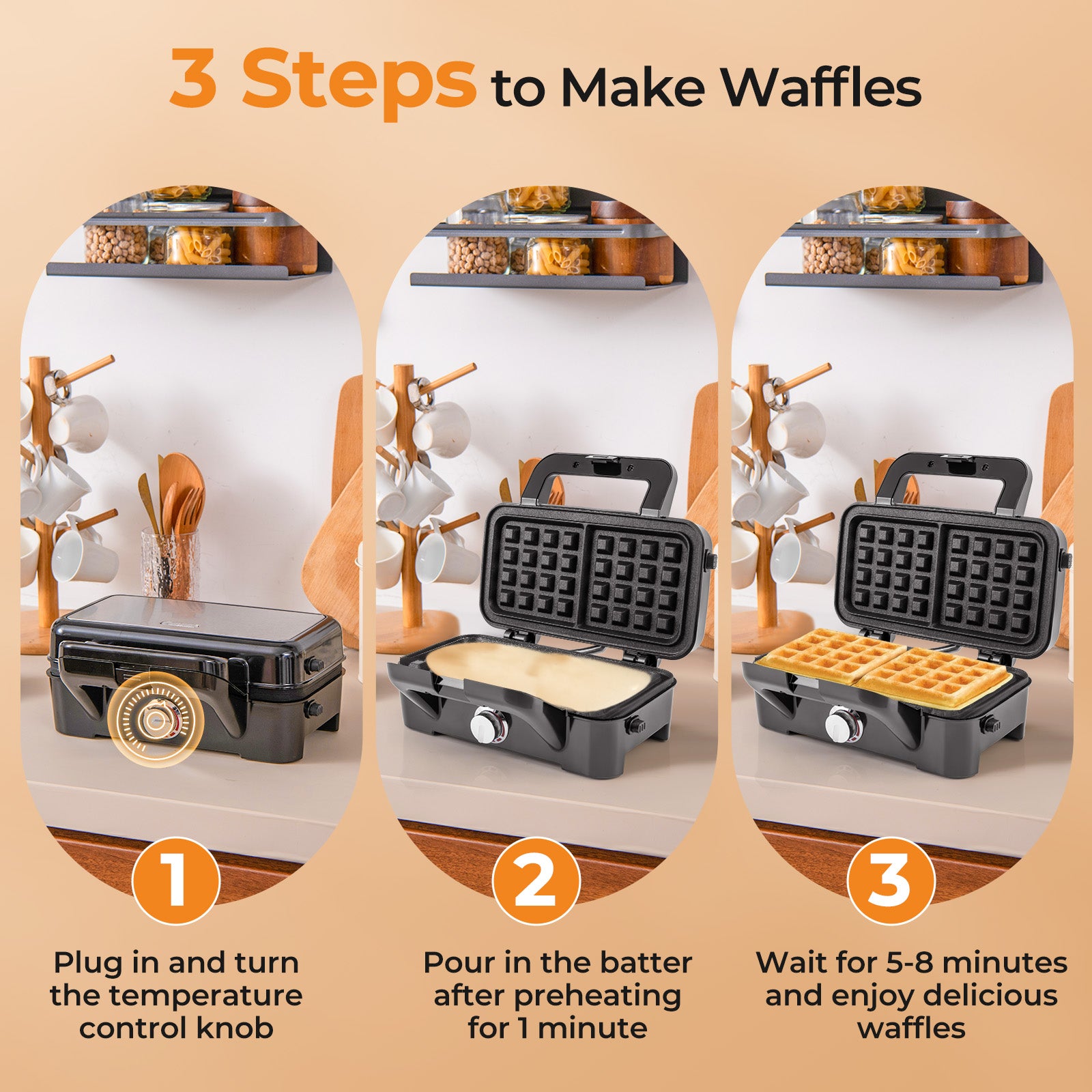 3-in-1 1082W Sandwich Maker with Removable Non-Stick Plates-Black