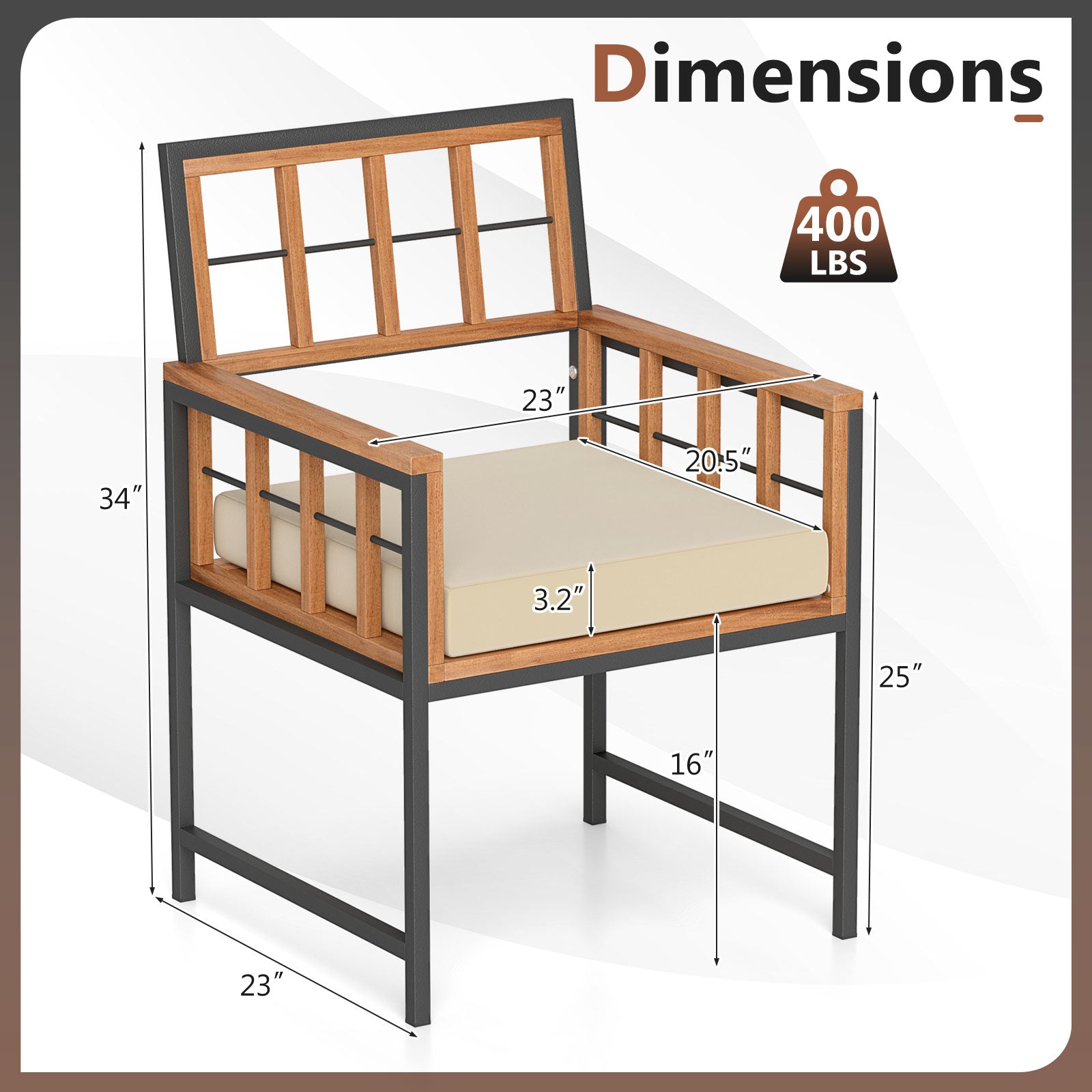 Lot de 6 chaises de salle à manger de patio en bois d'acacia avec coussins