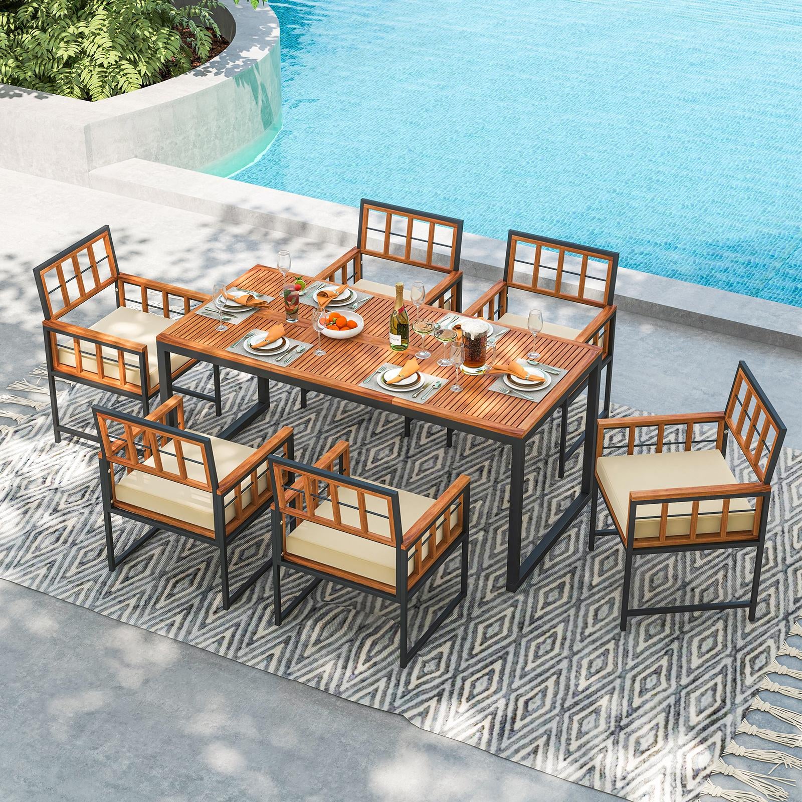 Lot de 6 chaises de salle à manger de patio en bois d'acacia avec coussins
