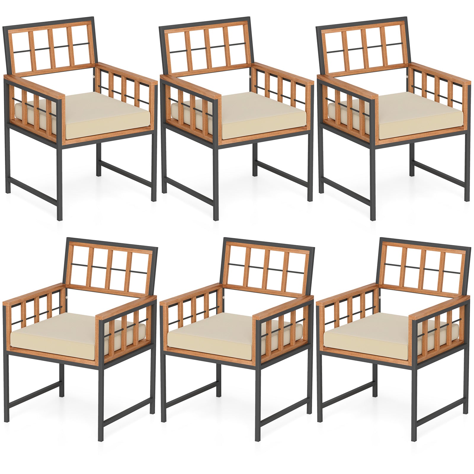 Lot de 6 chaises de salle à manger de patio en bois d'acacia avec coussins