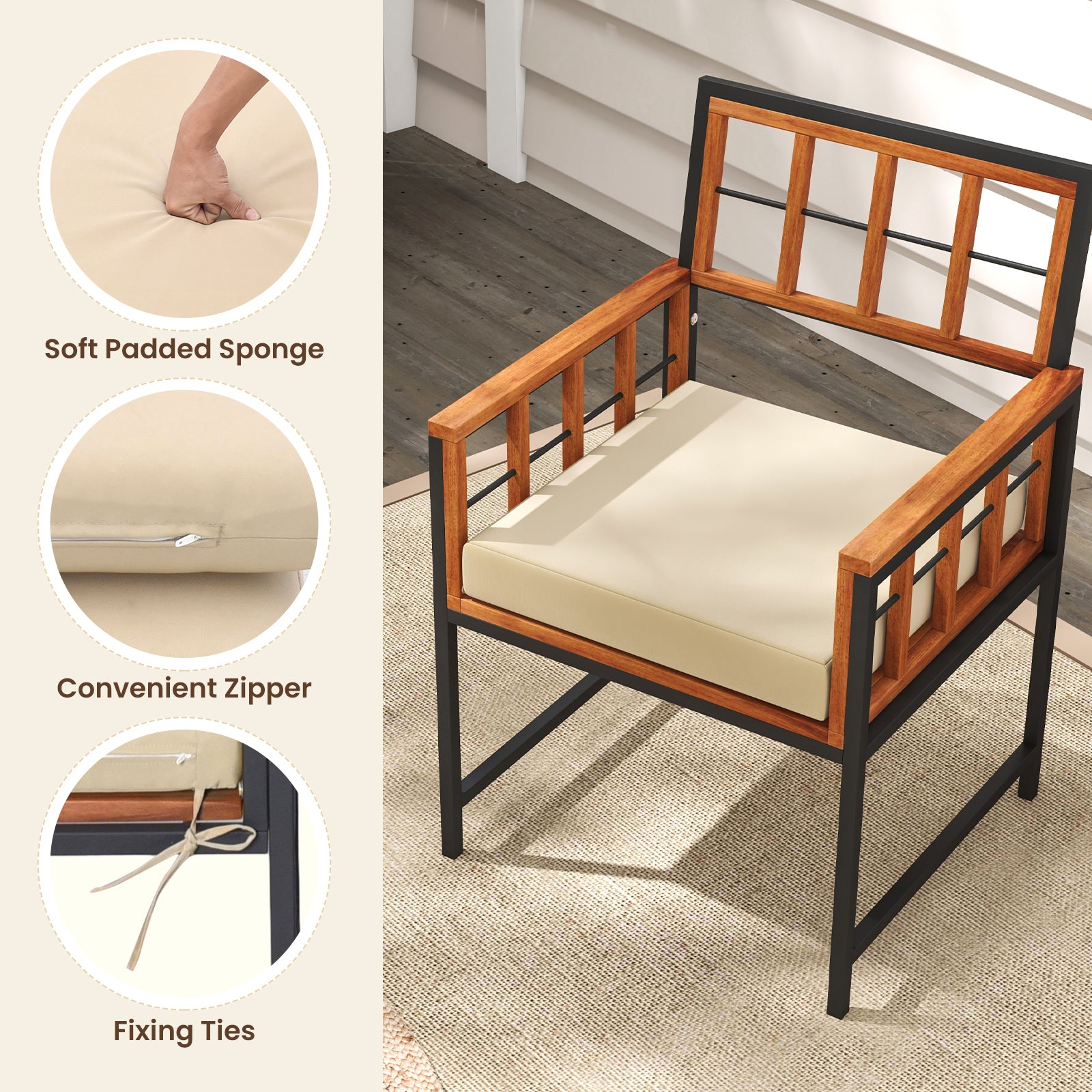 Lot de 6 chaises de salle à manger de patio en bois d'acacia avec coussins