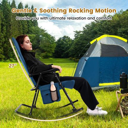 Foldable Rocking Padded Portable Camping Chair with Backrest and Armrest-Blue