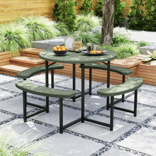 Round Picnic Table Bench Set with 4 Benches and Umbrella Hole for Patio Lawn-Green