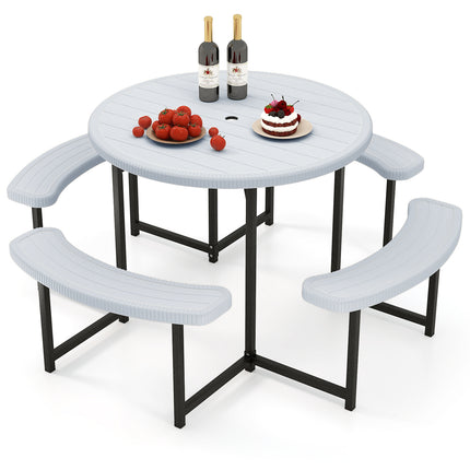 Round Picnic Table Bench Set with 4 Benches and Umbrella Hole for Patio Lawn-White