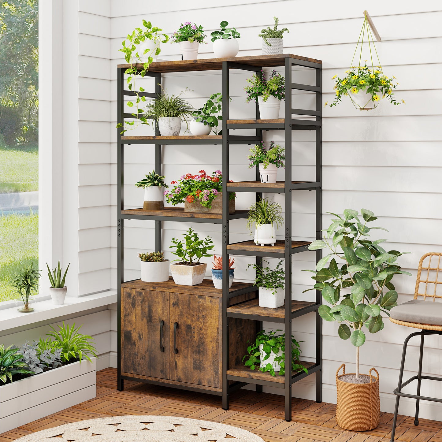 Double Wide 8-Tier Bookshelf with 2-Door Cabinet for Living Room Home Office-Rustic Brown