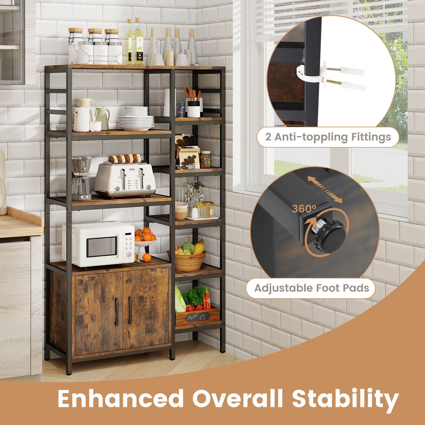 Double Wide 8-Tier Bookshelf with 2-Door Cabinet for Living Room Home Office-Rustic Brown