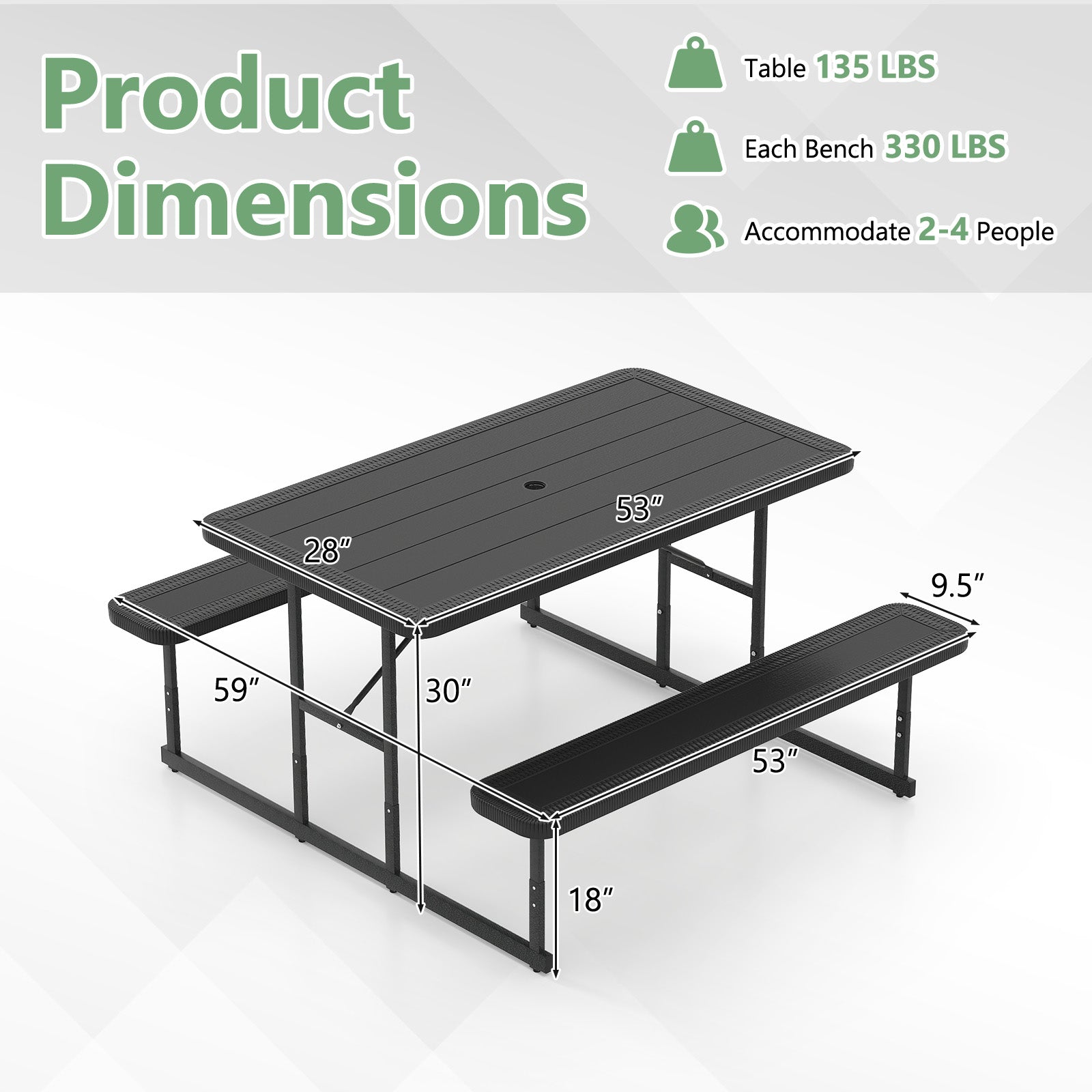 Ensemble de table de pique-nique et bancs pour 2 à 4 personnes, table de salle à manger rectangulaire d'extérieur pour camping - Noir
