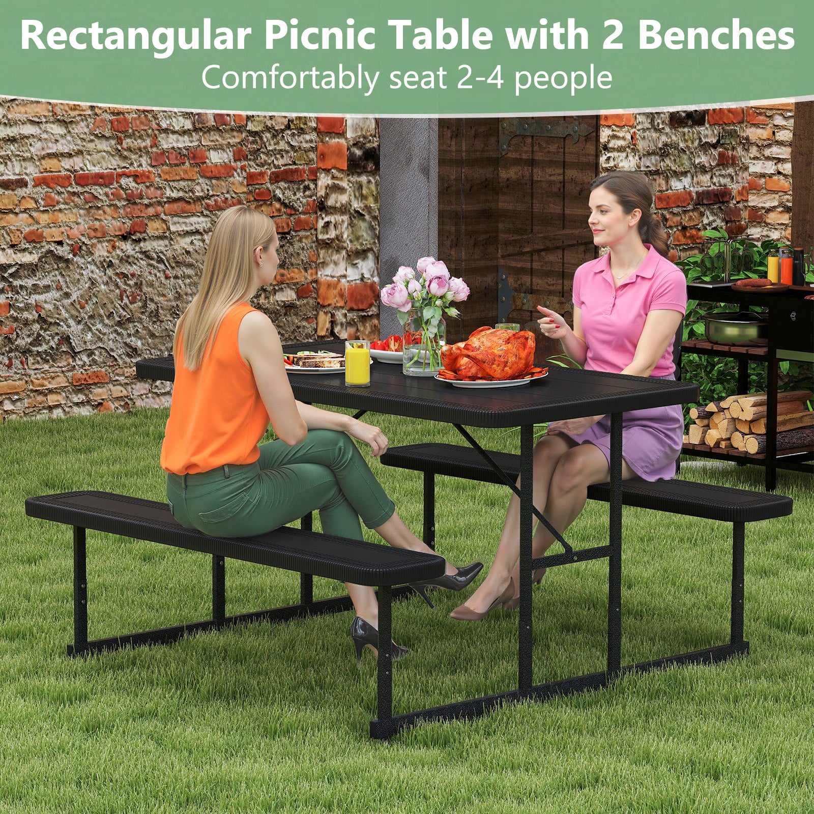 Ensemble de table de pique-nique et bancs pour 2 à 4 personnes, table de salle à manger rectangulaire d'extérieur pour camping - Noir