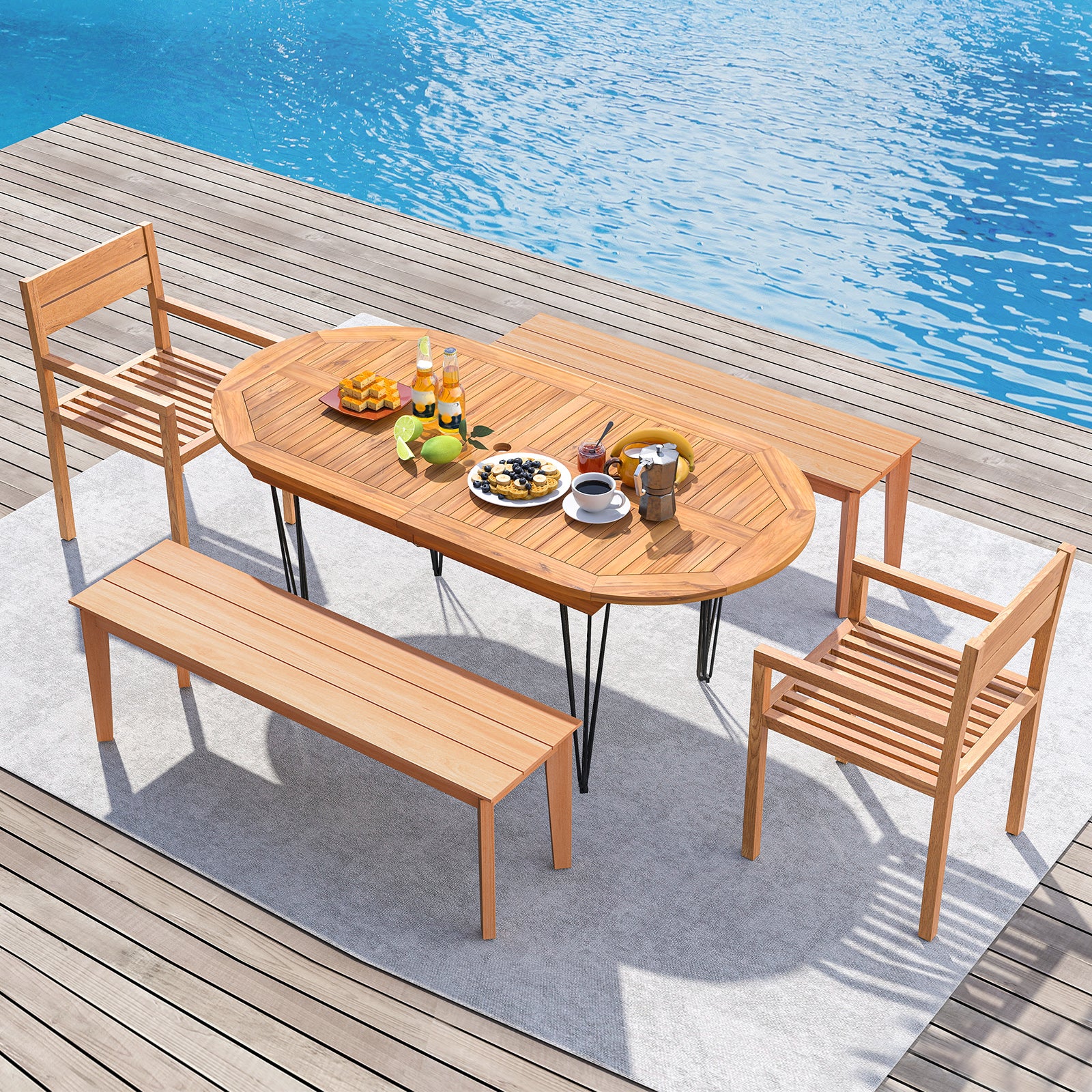 Table de salle à manger d'extérieur pour 6 personnes de 180 cm avec plateau en teck