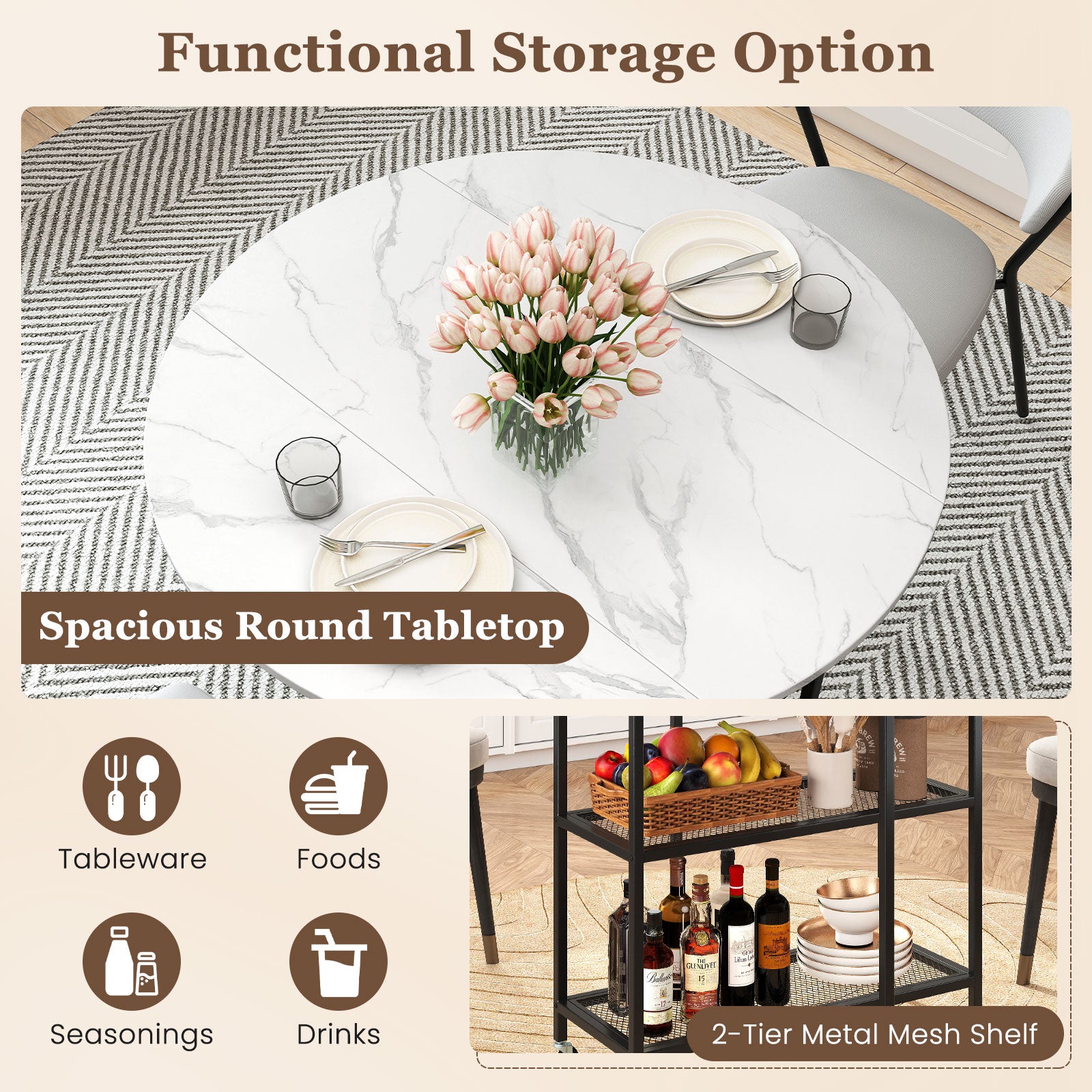 Folding Round Dining Table with Lockable Wheels-White