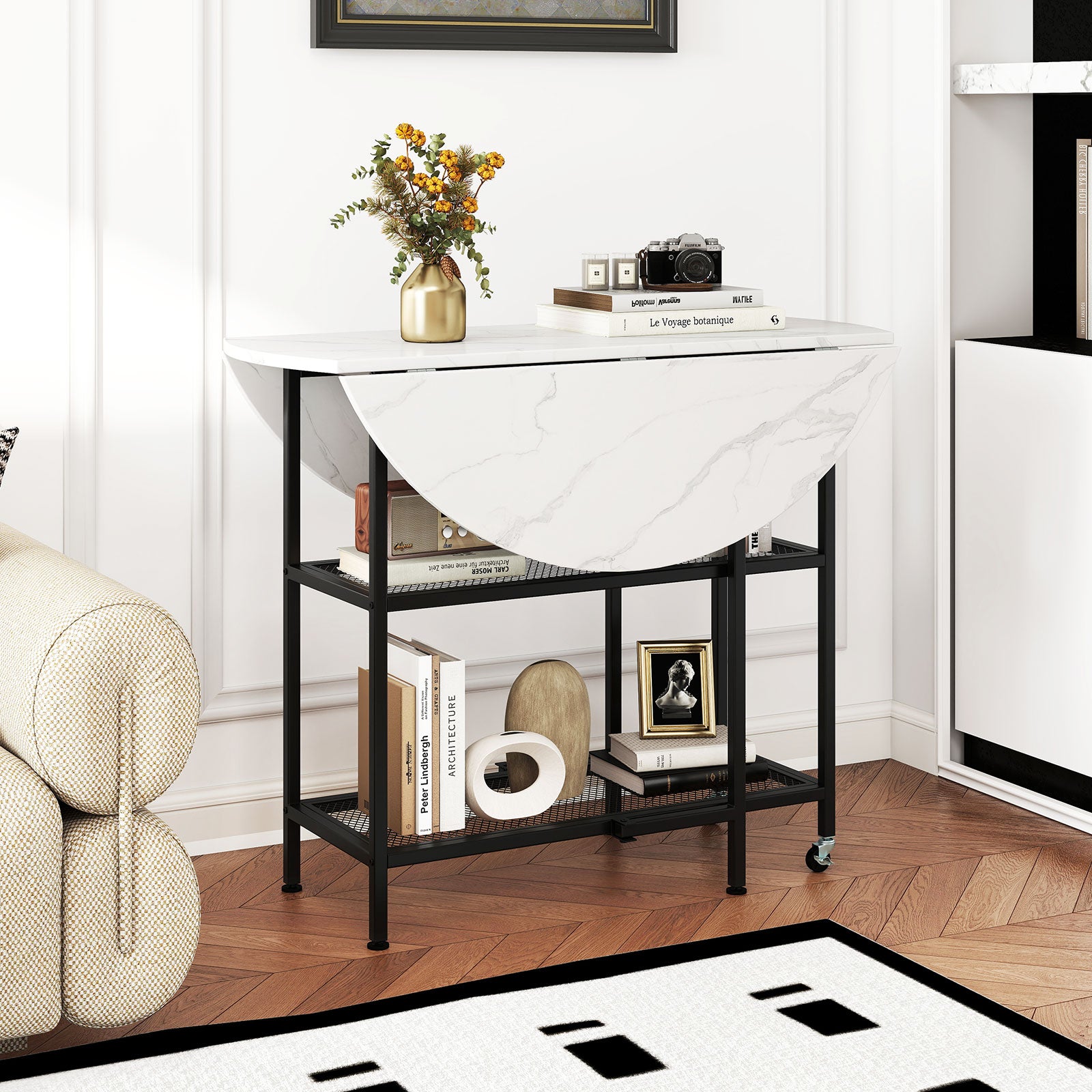 Folding Round Dining Table with Lockable Wheels-White