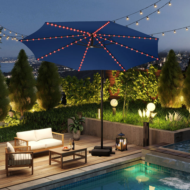10 Feet Solar Offset Hanging Umbrella with Base and LED Lights-Navy