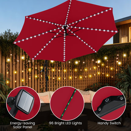 10 Feet Solar Offset Hanging Umbrella with Base and LED Lights-Red