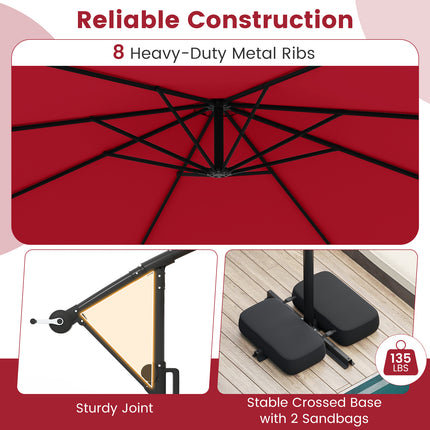 10 Feet Solar Offset Hanging Umbrella with Base and LED Lights-Red