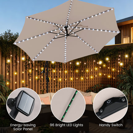 10 Feet Solar Offset Hanging Umbrella with Base and LED Lights-Beige