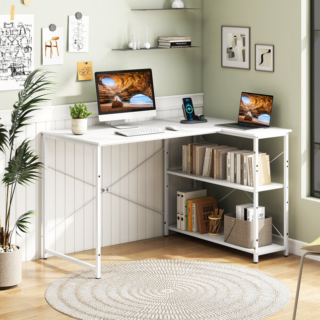L-shaped 47 Inch Reversible Corner Desk with Adjustable Storage Shelves-White