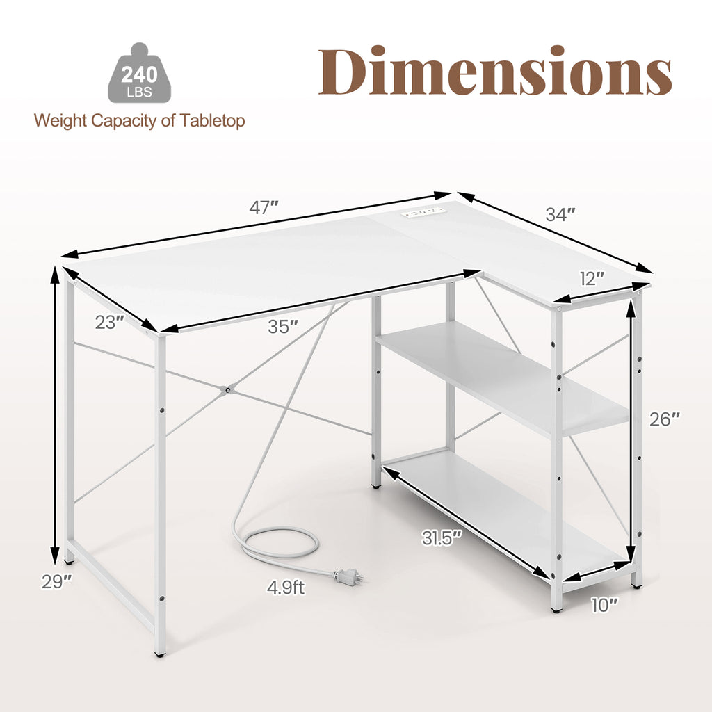 L-shaped 47 Inch Reversible Corner Desk with Adjustable Storage Shelves-White