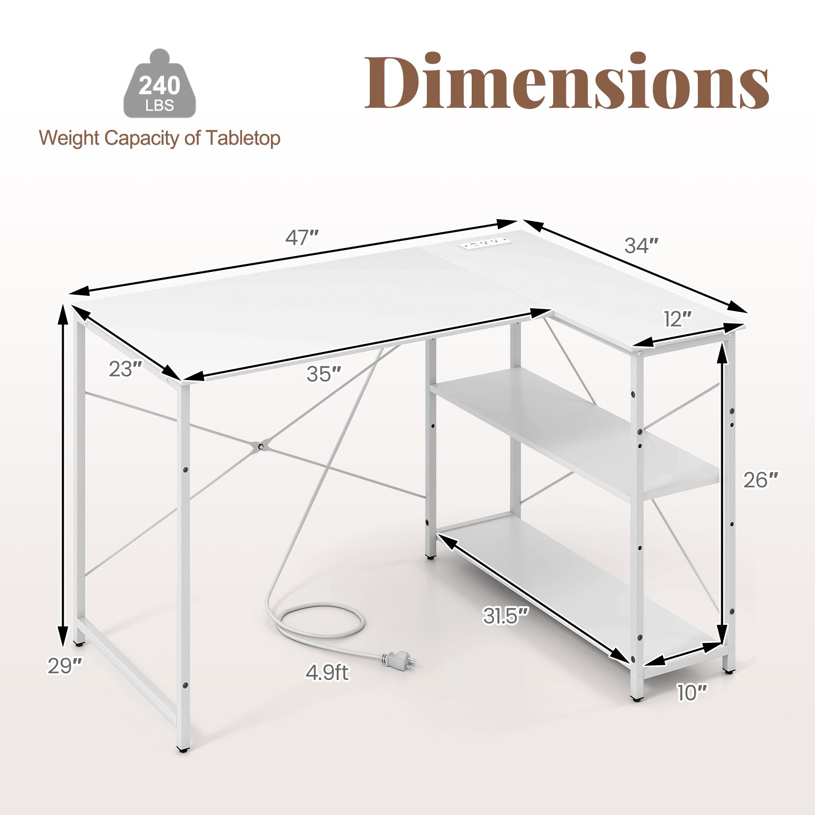 L-shaped 47 Inch Reversible Corner Desk with Adjustable Storage Shelves-White