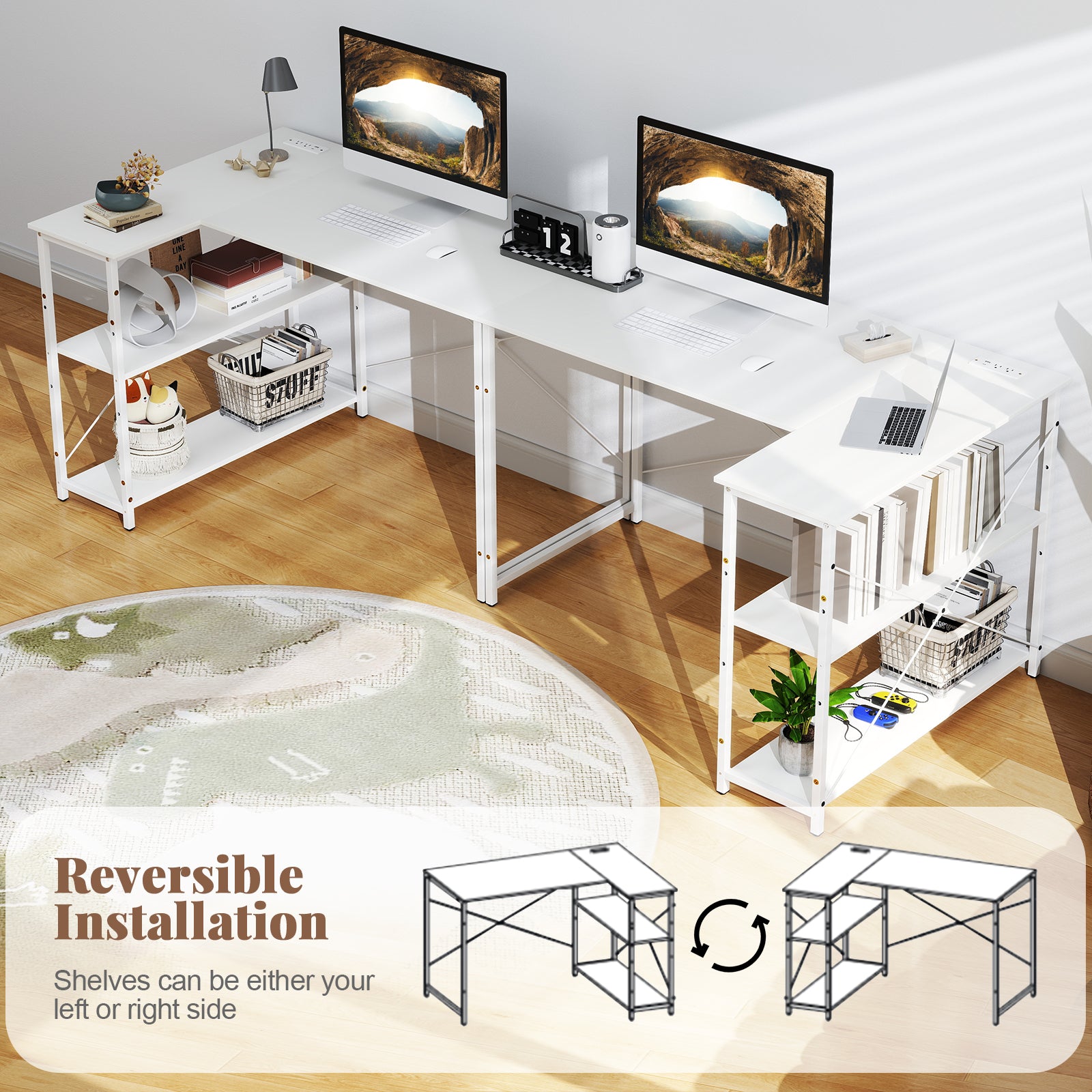 L-shaped 47 Inch Reversible Corner Desk with Adjustable Storage Shelves-White