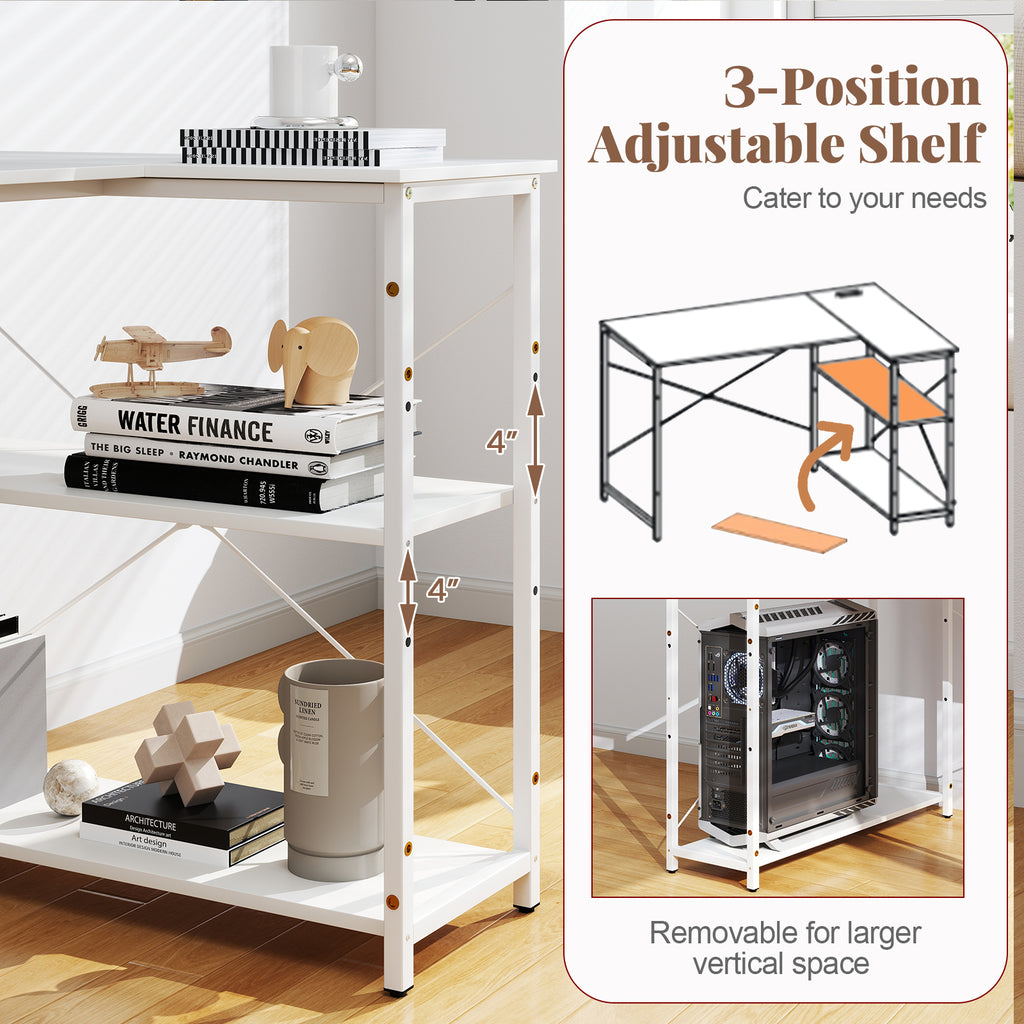 L-shaped 47 Inch Reversible Corner Desk with Adjustable Storage Shelves-White