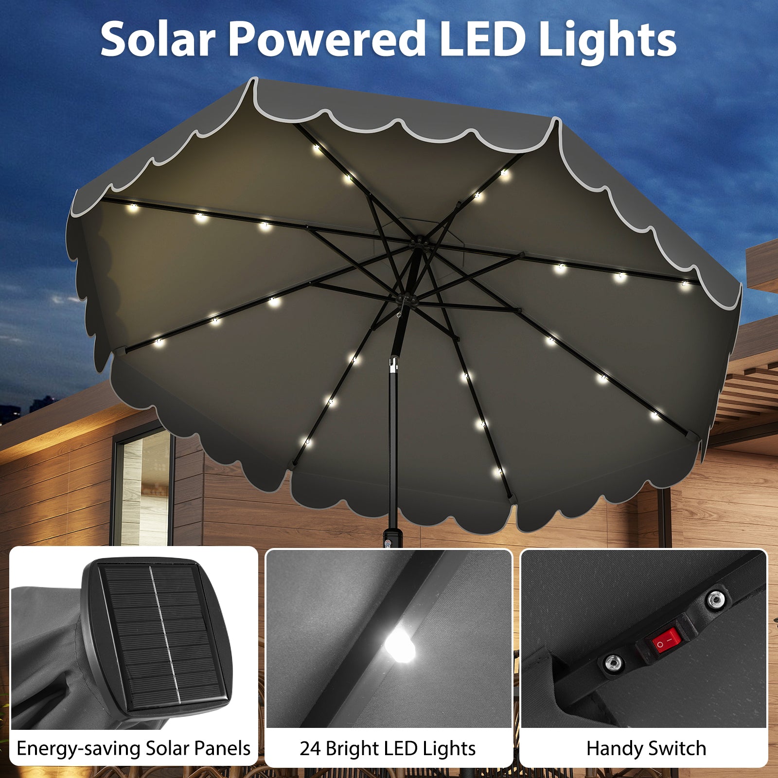 10 Feet Solar Patio Umbrella with 24 LED Lights-Gray
