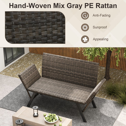 Patio Convertible Sofa for 2 Quick Dry Foam Padded Rattan with Armrests-Gray