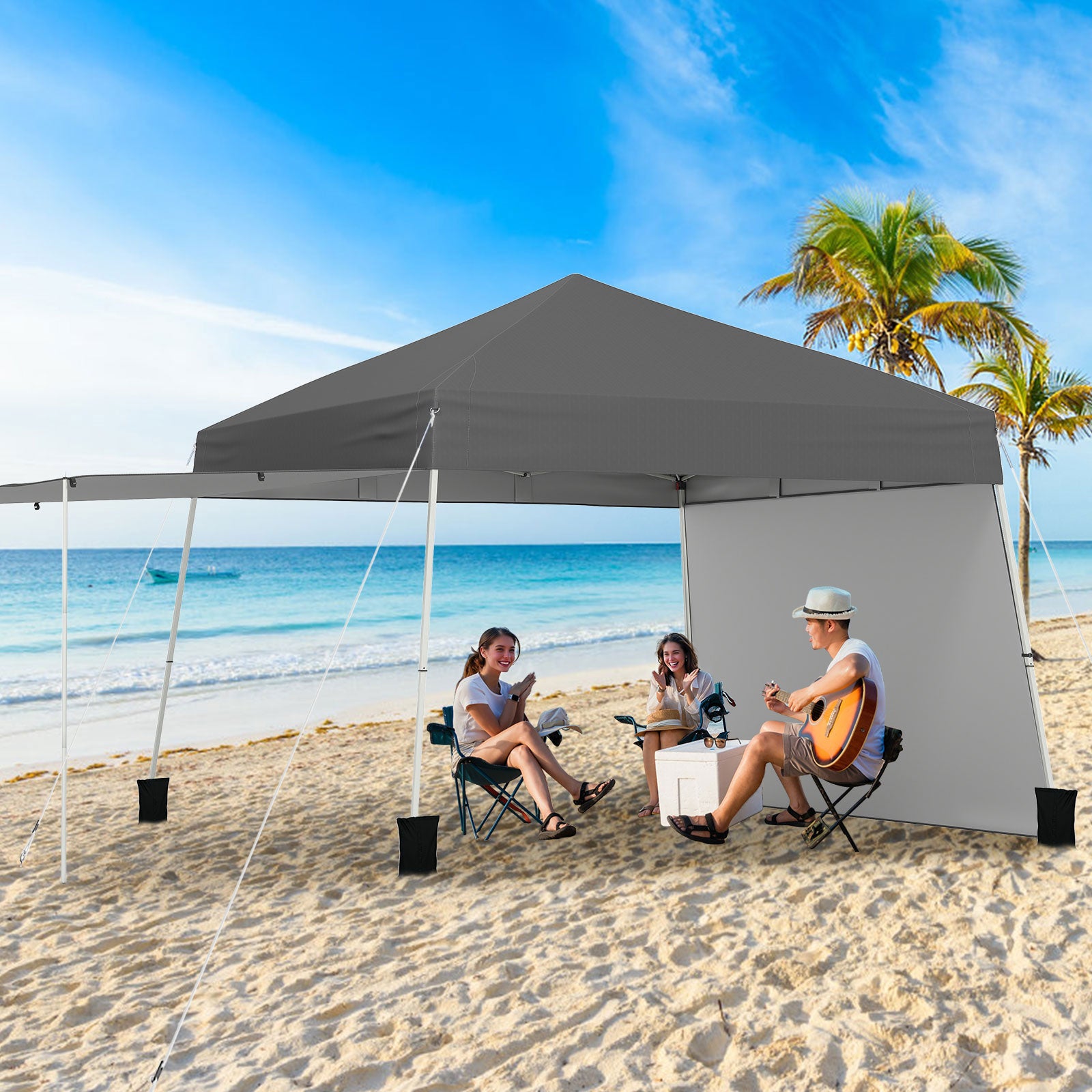 Tonnelle escamotable 14 x 9,2 pieds avec 2 parois latérales convertibles en auvent et piquets - Grise