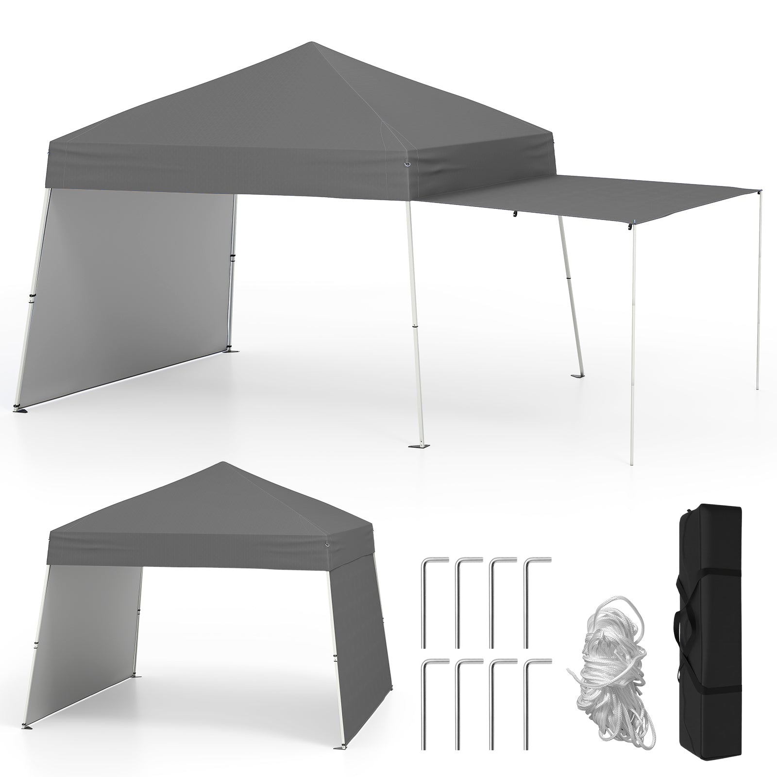 Tonnelle escamotable 14 x 9,2 pieds avec 2 parois latérales convertibles en auvent et piquets - Grise