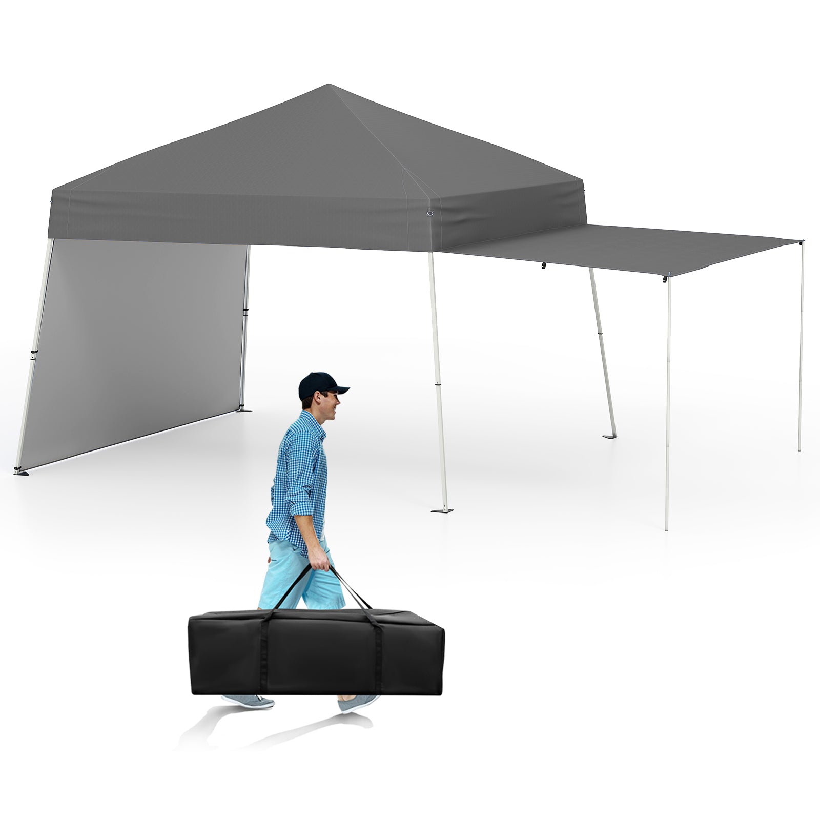 Tonnelle escamotable 14 x 9,2 pieds avec 2 parois latérales convertibles en auvent et piquets - Grise