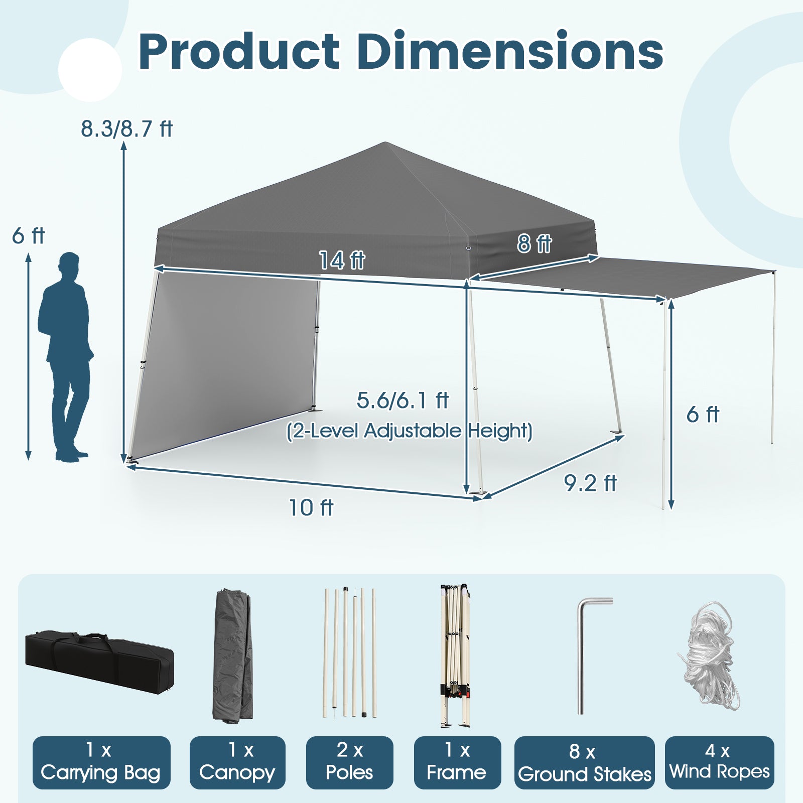 Tonnelle escamotable 14 x 9,2 pieds avec 2 parois latérales convertibles en auvent et piquets - Grise
