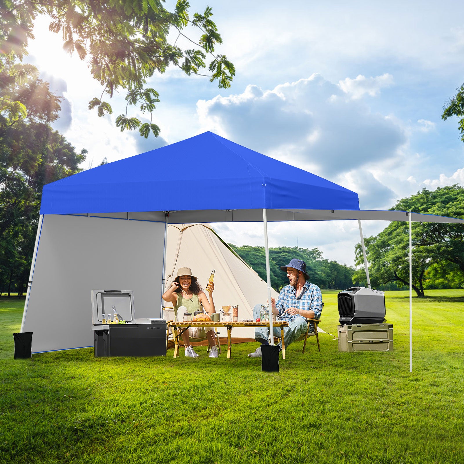 Tonnelle Pop-up de 4,3 x 2,8 m avec 2 parois latérales convertibles en auvent et piquets-Bleu