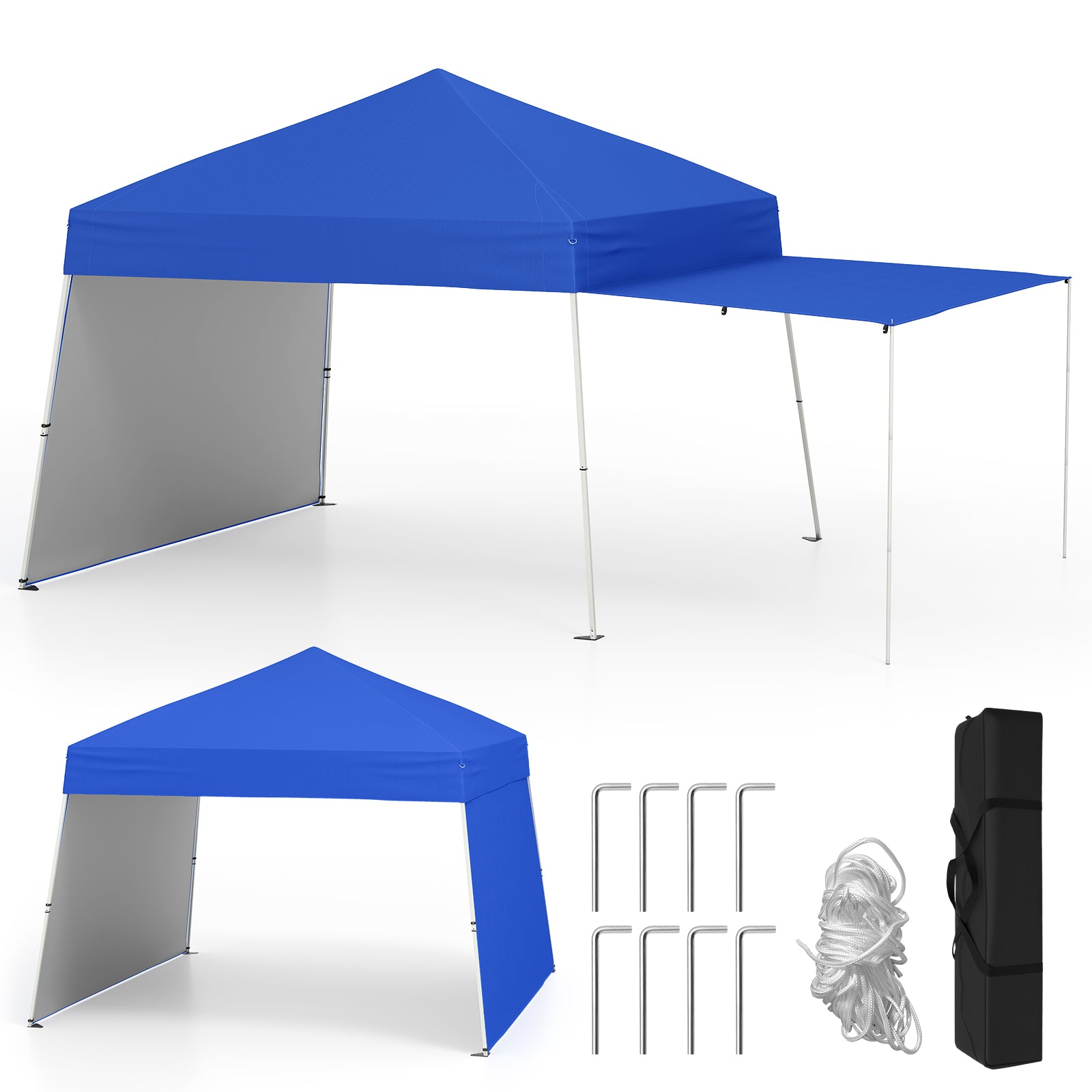 Tonnelle Pop-up de 4,3 x 2,8 m avec 2 parois latérales convertibles en auvent et piquets-Bleu