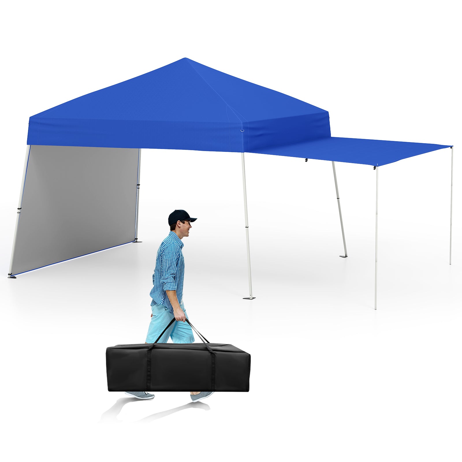 Tonnelle Pop-up de 4,3 x 2,8 m avec 2 parois latérales convertibles en auvent et piquets-Bleu