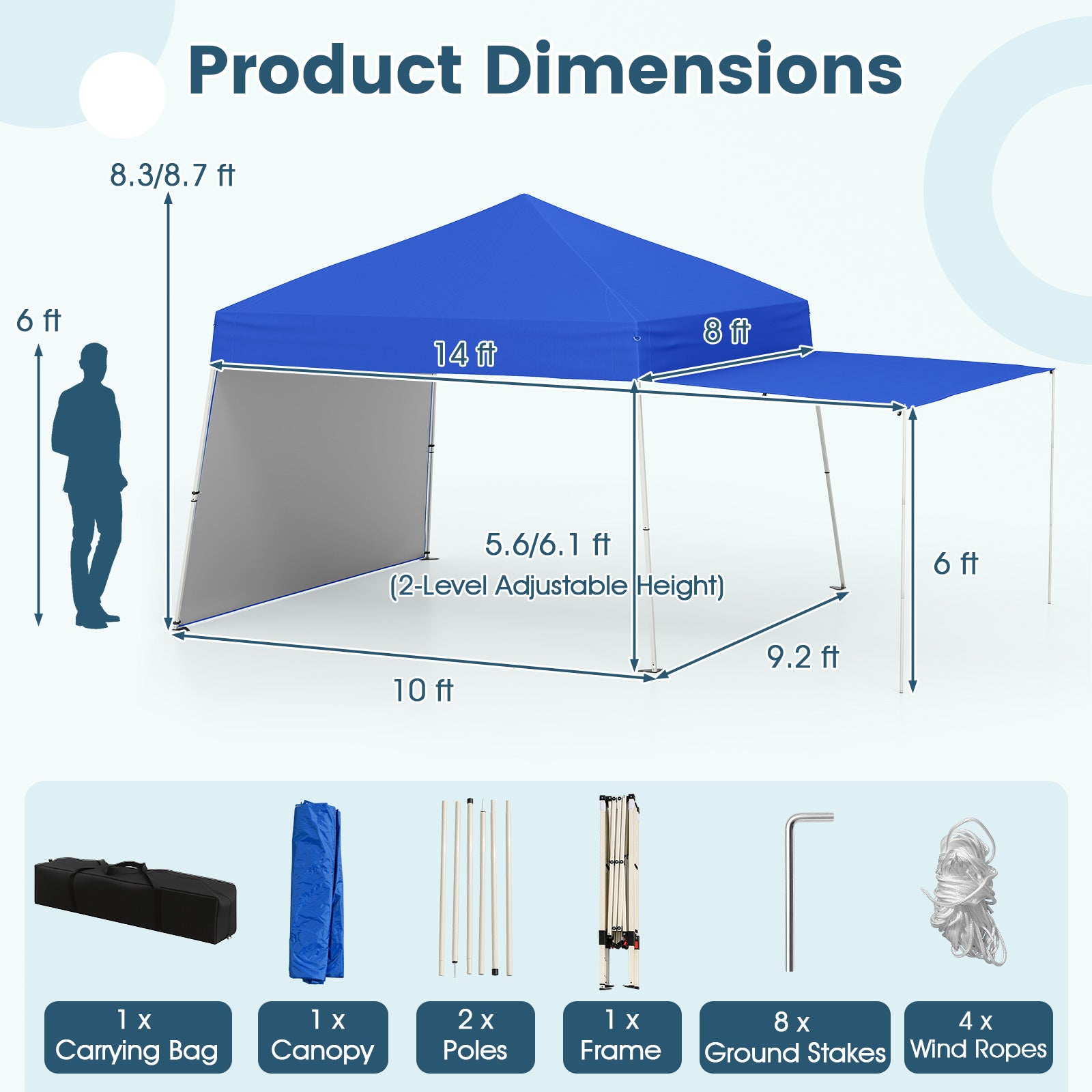 Tonnelle Pop-up de 4,3 x 2,8 m avec 2 parois latérales convertibles en auvent et piquets-Bleu