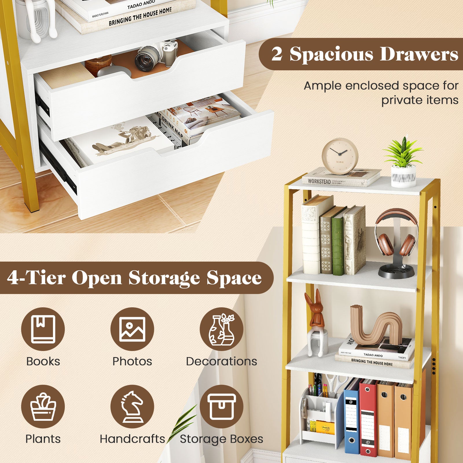 4-Tier Ladder Shelf with 2 Drawers 52.5 Inch Tall Freestanding Bookcase-White