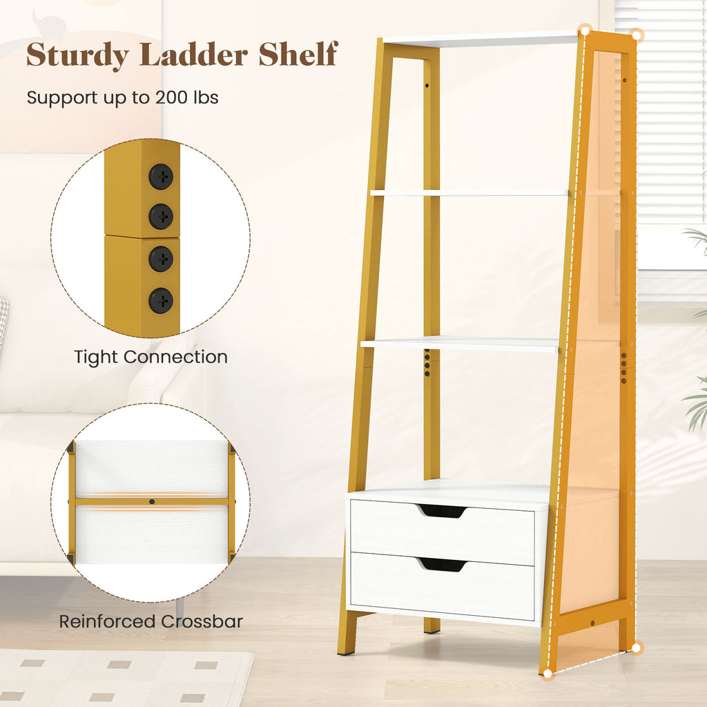 4-Tier Ladder Shelf with 2 Drawers 52.5 Inch Tall Freestanding Bookcase-White