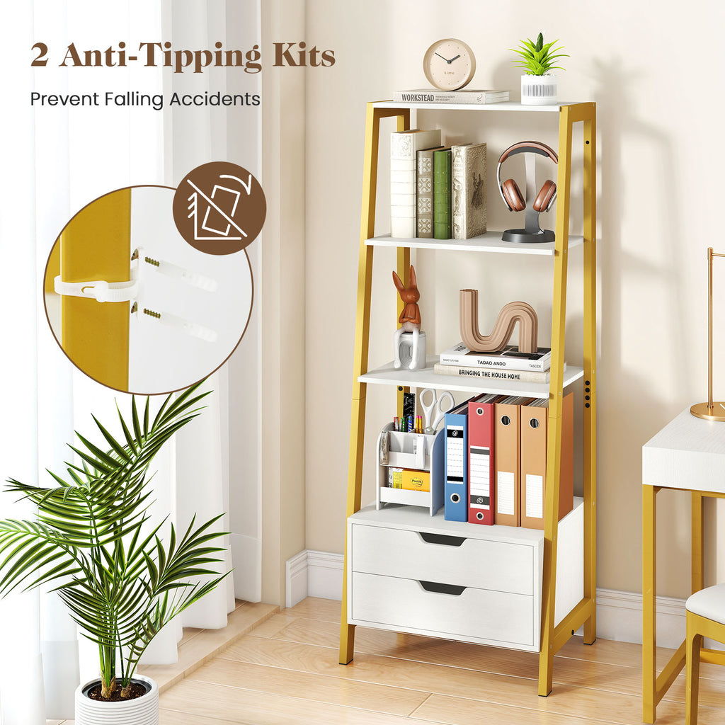4-Tier Ladder Shelf with 2 Drawers 52.5 Inch Tall Freestanding Bookcase-White