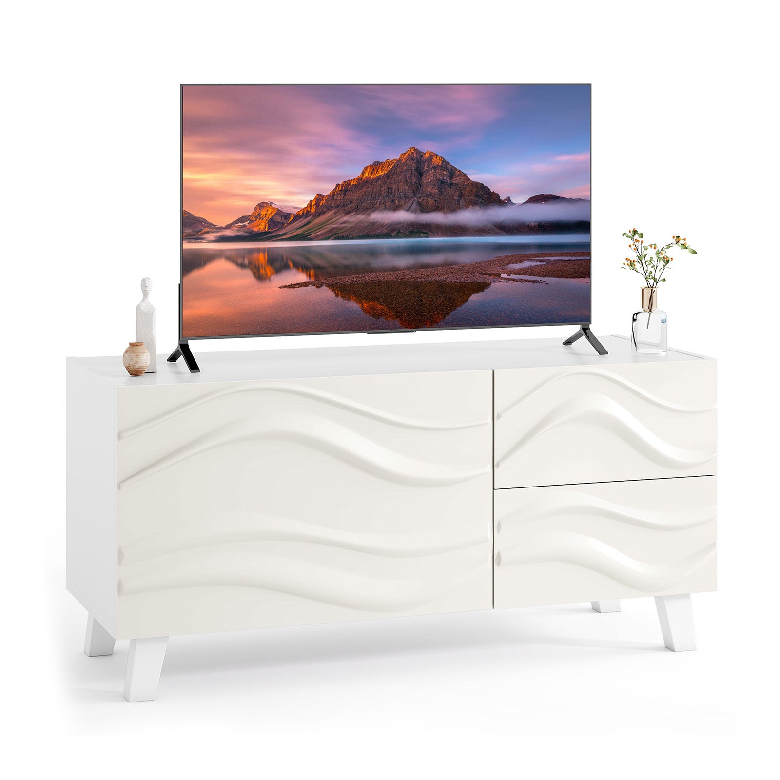 Modern Mid Century TV Stand  with Drawers for 44 Inch TV-White